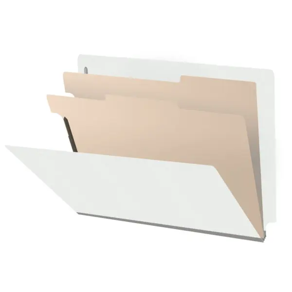 White letter size end tab classification folder with 2" gray tyvek expansion, with 2" bonded fasteners on inside front and inside back and 1" duo fastener on dividers, 18 pt paper stock and 18 pt manila dividers, Packaged 10/50