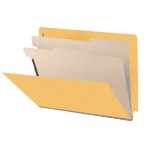Yellow letter size end tab classification folder with 2" gray tyvek expansion, with 2" bonded fasteners on inside front and inside back and 1" duo fastener on dividers, 18 pt paper stock and 18 pt manila dividers, Packaged 10/50