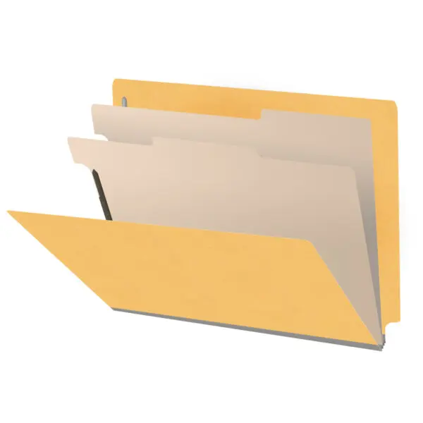 Yellow letter size end tab classification folder with 2" gray tyvek expansion, with 2" bonded fasteners on inside front and inside back and 1" duo fastener on dividers, 18 pt paper stock and 18 pt manila dividers, Packaged 10/50