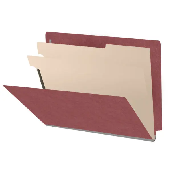 Dark red letter size end tab two divider classification folder with 2" russet brown tyvek expansion, with 2" bonded fasteners on inside front and inside back and 1" duo fastener on dividers, 25 pt type 3 pressboard stock covers and 18 pt manila dividers, Packaged 10/50