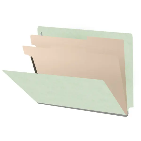 Pale green letter size end tab two divider classification folder with 2" gray tyvek expansion, with 2" bonded fasteners on inside front and inside back and 1" duo fastener on dividers, 25 pt type 3 pressboard stock covers and 18 pt manila dividers, Packaged 10/50