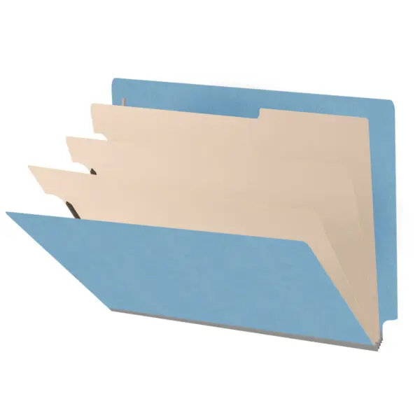 Blue letter size end tab classification folder with 3" gray tyvek expansion, with 2" bonded fasteners on inside front and inside back and 1" duo fastener on dividers, 18 pt paper stock and 18 pt manila dividers, Packaged 10/50