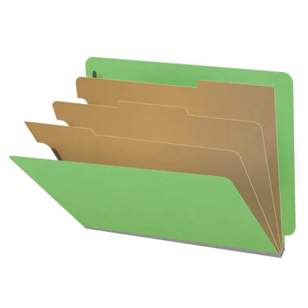 Green letter size end tab classification folder with 3" gray tyvek expansion, with 2" bonded fasteners on inside front and inside back and 1" duo fastener on dividers, 18 pt paper stock and 18 pt manila dividers, Packaged 10/50