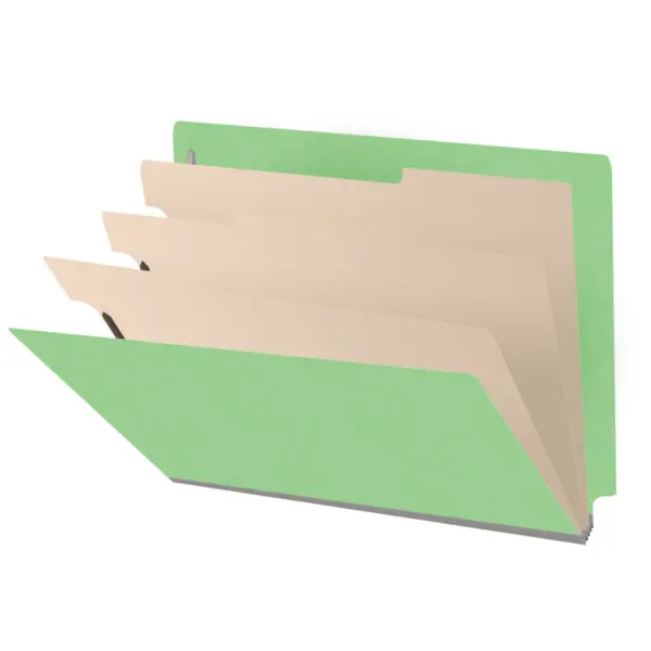 Green letter size end tab classification folder with 3" gray tyvek expansion, with 2" bonded fasteners on inside front and inside back and 1" duo fastener on dividers, 18 pt paper stock and 18 pt manila dividers, Packaged 10/50