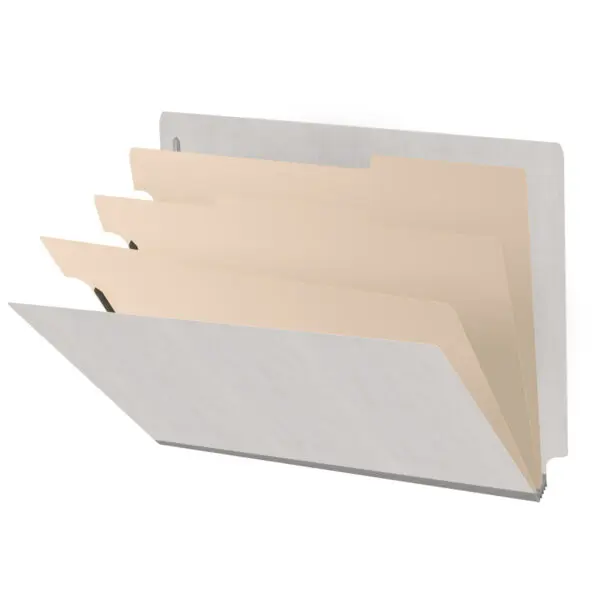 Grey letter size end tab classification folder with 3" gray tyvek expansion, with 2" bonded fasteners on inside front and inside back and 1" duo fastener on dividers, 18 pt paper stock and 18 pt manila dividers, Packaged 10/50