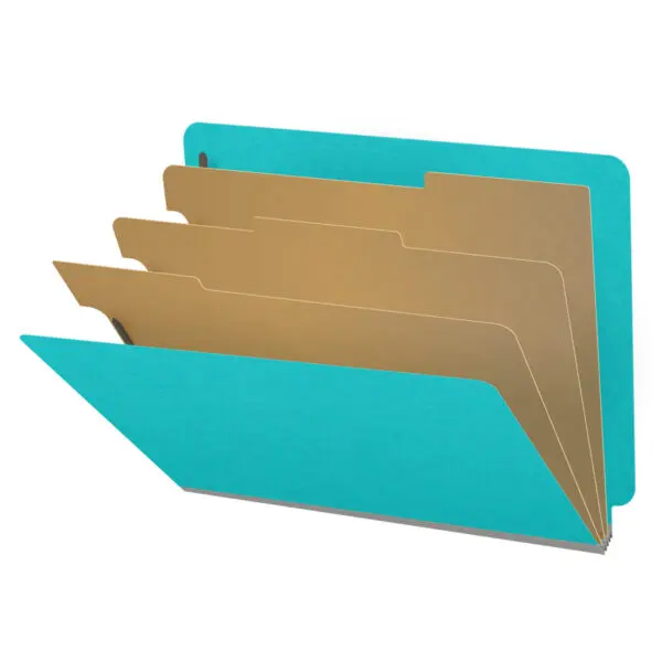 Light blue letter size end tab classification folder with 3" gray tyvek expansion, with 2" bonded fasteners on inside front and inside back and 1" duo fastener on dividers, 18 pt paper stock and 18 pt manila dividers, Packaged 10/50