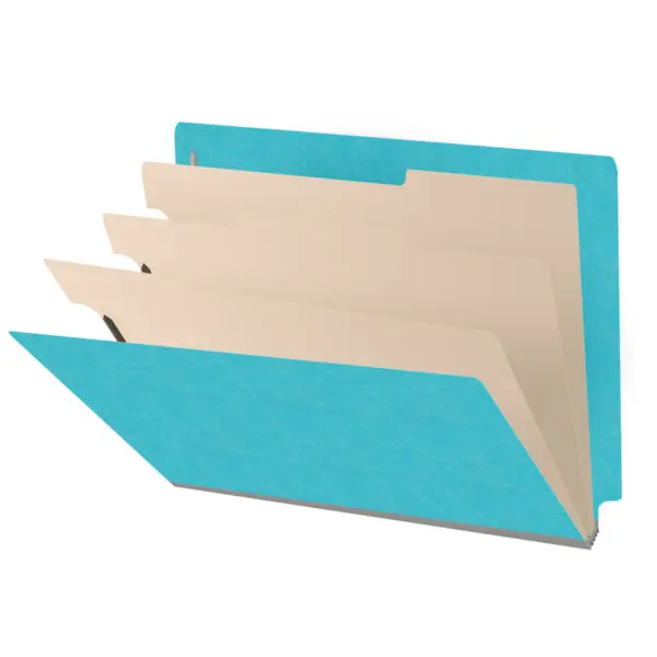 Light blue letter size end tab classification folder with 3" gray tyvek expansion, with 2" bonded fasteners on inside front and inside back and 1" duo fastener on dividers, 18 pt paper stock and 18 pt manila dividers, Packaged 10/50
