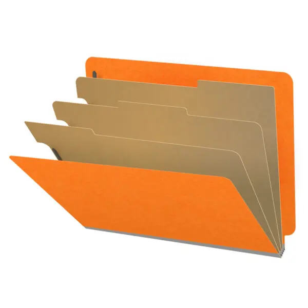 Orange letter size end tab classification folder with 3" gray tyvek expansion, with 2" bonded fasteners on inside front and inside back and 1" duo fastener on dividers, 18 pt paper stock and 18 pt manila dividers, Packaged 10/50