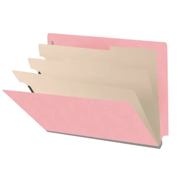 Pink letter size end tab classification folder with 3" gray tyvek expansion, with 2" bonded fasteners on inside front and inside back and 1" duo fastener on dividers, 18 pt paper stock and 18 pt manila dividers, Packaged 10/50