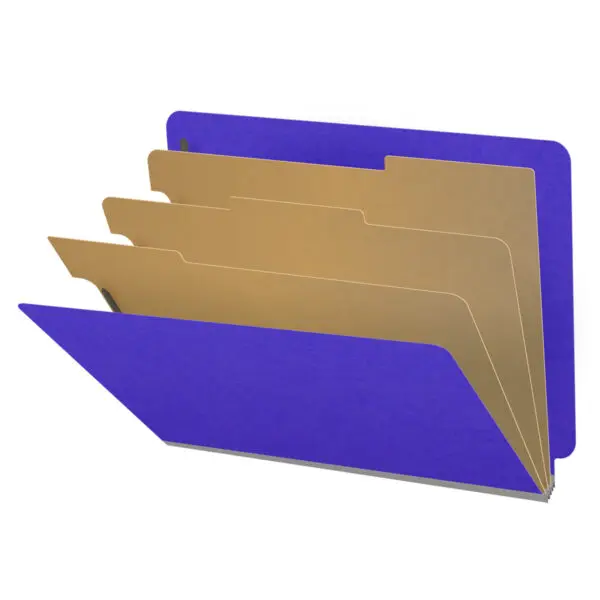 Purple letter size end tab classification folder with 3" gray tyvek expansion, with 2" bonded fasteners on inside front and inside back and 1" duo fastener on dividers, 18 pt paper stock and 18 pt manila dividers, Packaged 10/50