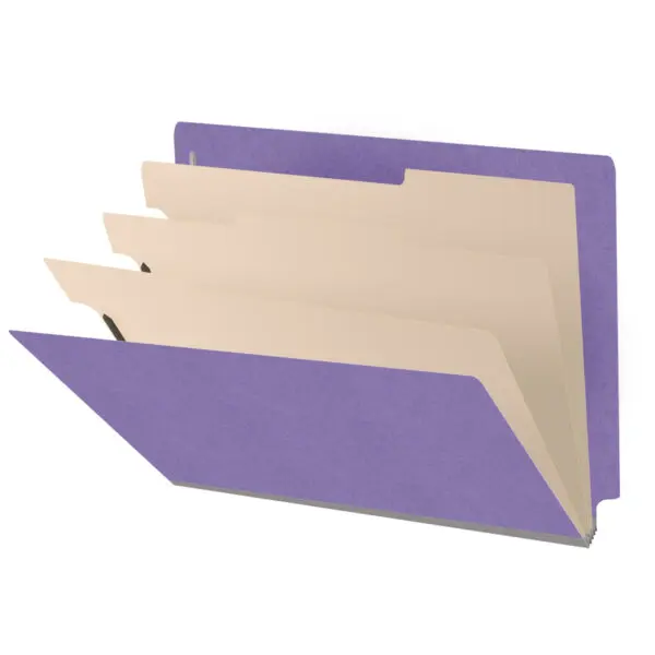 Purple letter size end tab classification folder with 3" gray tyvek expansion, with 2" bonded fasteners on inside front and inside back and 1" duo fastener on dividers, 18 pt paper stock and 18 pt manila dividers, Packaged 10/50