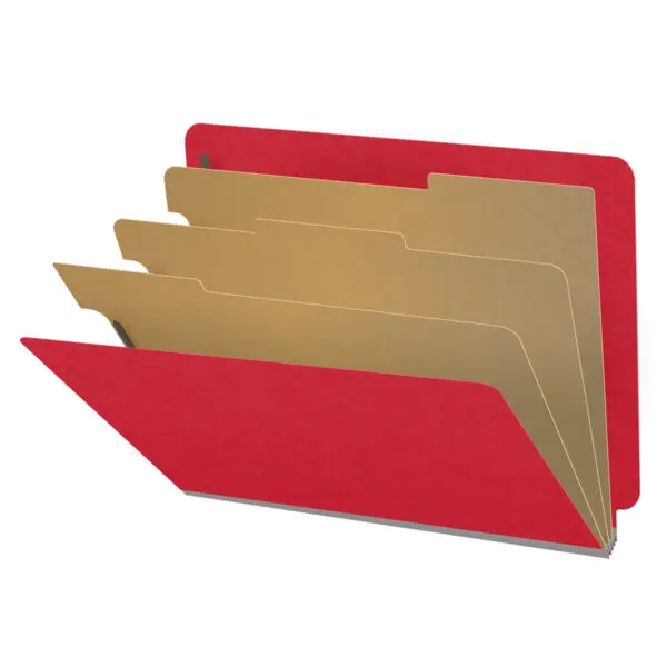 Red letter size end tab classification folder with 3" gray tyvek expansion, with 2" bonded fasteners on inside front and inside back and 1" duo fastener on dividers, 18 pt paper stock and 18 pt manila dividers, Packaged 10/50