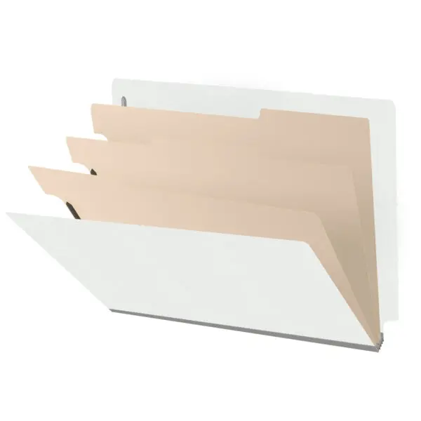 White letter size end tab classification folder with 3" gray tyvek expansion, with 2" bonded fasteners on inside front and inside back and 1" duo fastener on dividers, 18 pt paper stock and 18 pt manila dividers, Packaged 10/50