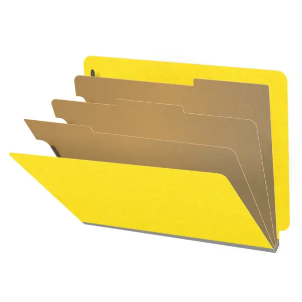 Yellow letter size end tab classification folder with 3" gray tyvek expansion, with 2" bonded fasteners on inside front and inside back and 1" duo fastener on dividers, 18 pt paper stock and 18 pt manila dividers, Packaged 10/50