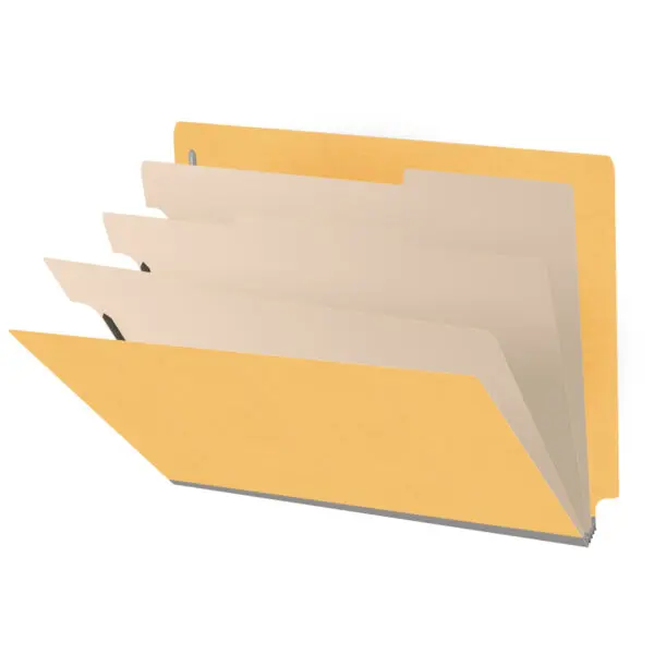Yellow letter size end tab classification folder with 3" gray tyvek expansion, with 2" bonded fasteners on inside front and inside back and 1" duo fastener on dividers, 18 pt paper stock and 18 pt manila dividers, Packaged 10/50