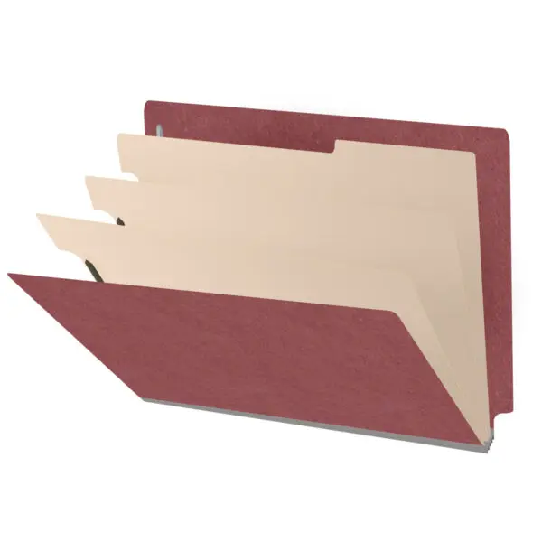 Dark red letter size end tab three divider classification folder with 3" russet brown tyvek expansion, with 2" bonded fasteners on inside front and inside back and 1" duo fastener on dividers, 25 pt type 3 pressboard stock covers and 18 pt manila dividers, Packaged 10/50