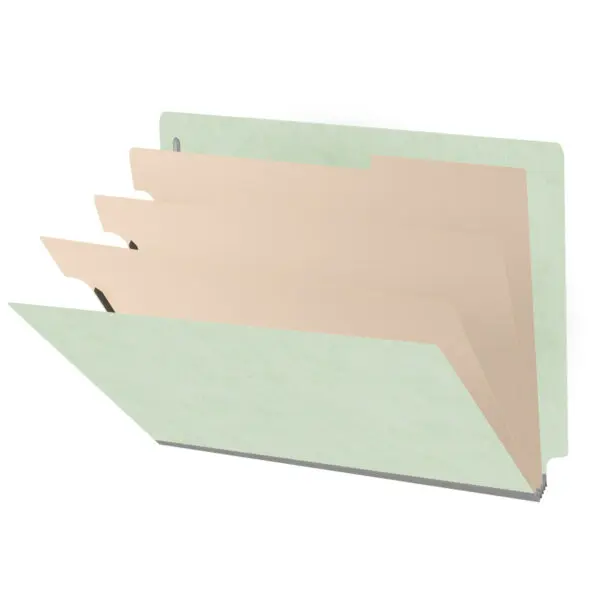 Pale green letter size end tab three divider classification folder with 3" gray tyvek expansion, with 2" bonded fasteners on inside front and inside back and 1" duo fastener on dividers, 25 pt type 3 pressboard stock covers and 18 pt manila dividers, Packaged 10/50