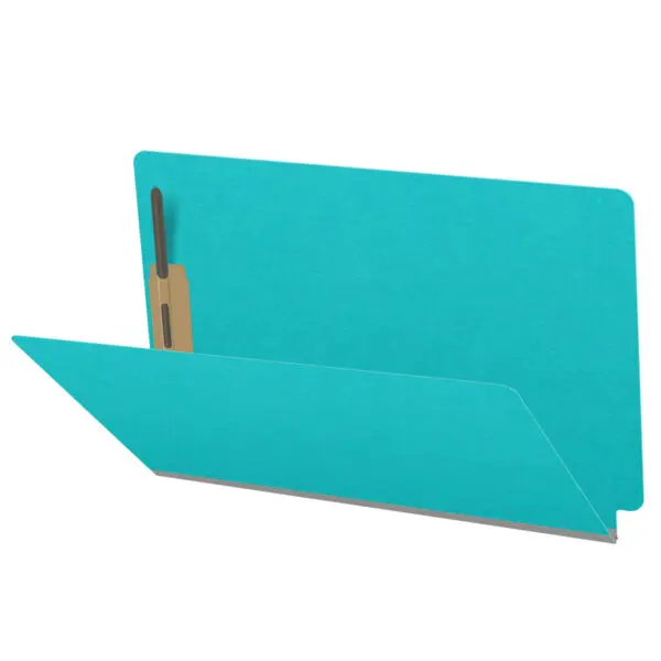 Light blue legal size end tab classification folder with 2" gray tyvek expansion and 2" bonded fasteners on inside front and inside back. 18 pt. paper stock. Packaged 25/125.