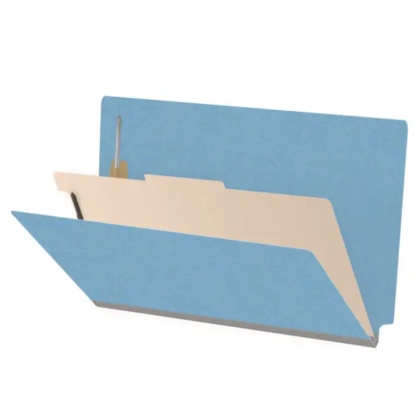 Blue legal size end tab classification folder with 2" gray tyvek expansion, with 2" bonded fasteners on inside front and inside back and 1" duo fastener on divider, 18 pt paper stock and 18 pt manila divider, Packaged 10/50