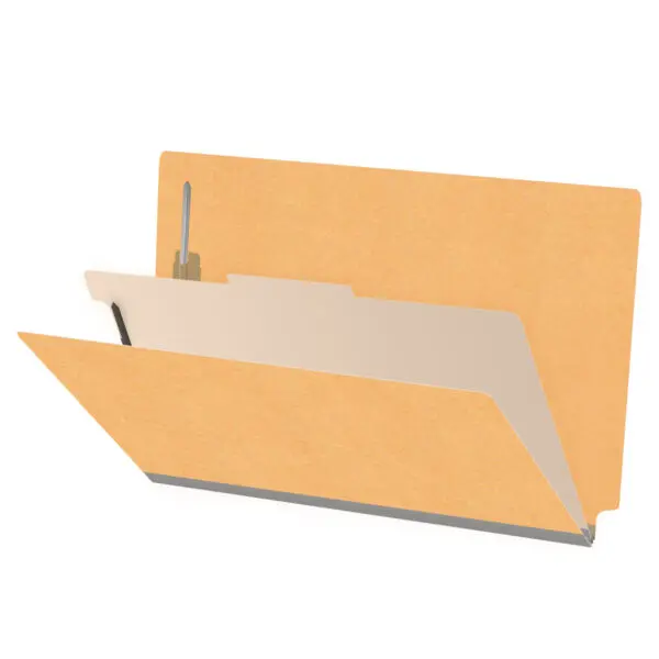 Gold legal size end tab classification folder with 2" gray tyvek expansion, with 2" bonded fasteners on inside front and inside back and 1" duo fastener on divider, 18 pt paper stock and 18 pt manila divider, Packaged 10/50