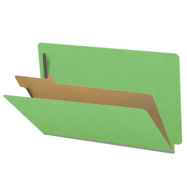 Green legal size end tab classification folder with 2" gray tyvek expansion, with 2" bonded fasteners on inside front and inside back and 1" duo fastener on divider, 18 pt paper stock and 18 pt manila divider, Packaged 10/50