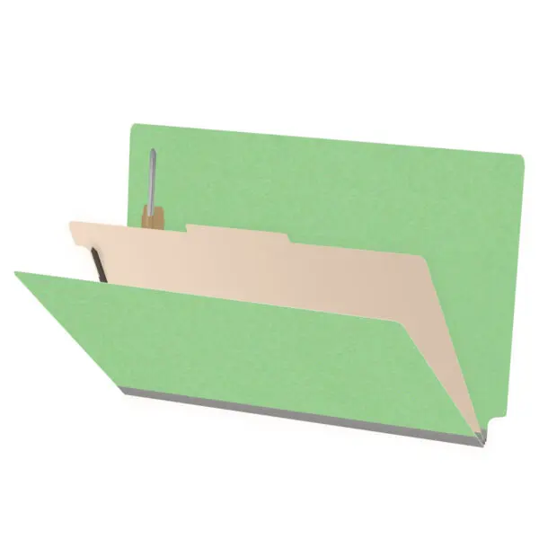 Green legal size end tab classification folder with 2" gray tyvek expansion, with 2" bonded fasteners on inside front and inside back and 1" duo fastener on divider, 18 pt paper stock and 18 pt manila divider, Packaged 10/50