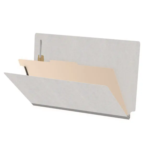 Grey legal size end tab classification folder with 2" gray tyvek expansion, with 2" bonded fasteners on inside front and inside back and 1" duo fastener on divider, 18 pt paper stock and 18 pt manila divider, Packaged 10/50