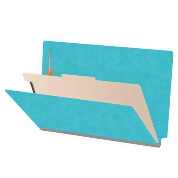 Light blue legal size end tab classification folder with 2" gray tyvek expansion, with 2" bonded fasteners on inside front and inside back and 1" duo fastener on divider, 18 pt paper stock and 18 pt manila divider, Packaged 10/50