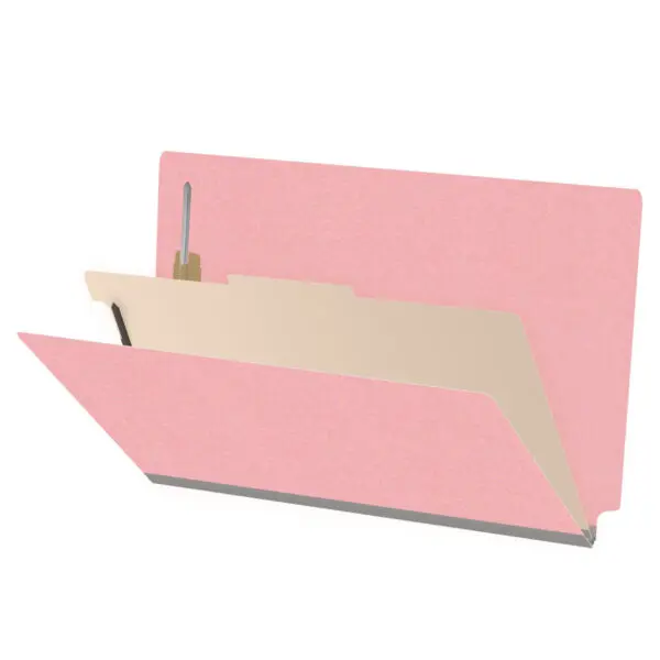 Pink legal size end tab classification folder with 2" gray tyvek expansion, with 2" bonded fasteners on inside front and inside back and 1" duo fastener on divider, 18 pt paper stock and 18 pt manila divider, Packaged 10/50