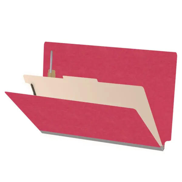 Red legal size end tab classification folder with 2" gray tyvek expansion, with 2" bonded fasteners on inside front and inside back and 1" duo fastener on divider, 18 pt paper stock and 18 pt manila divider, Packaged 10/50