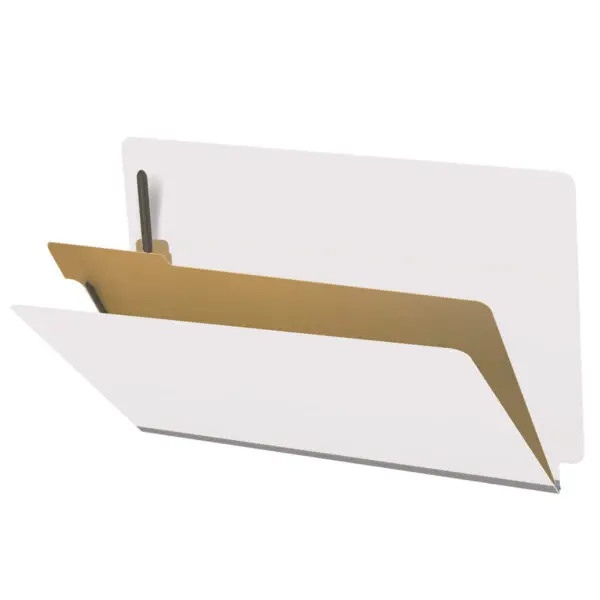 White legal size end tab classification folder with 2" gray tyvek expansion, with 2" bonded fasteners on inside front and inside back and 1" duo fastener on divider, 18 pt paper stock and 18 pt manila divider, Packaged 10/50