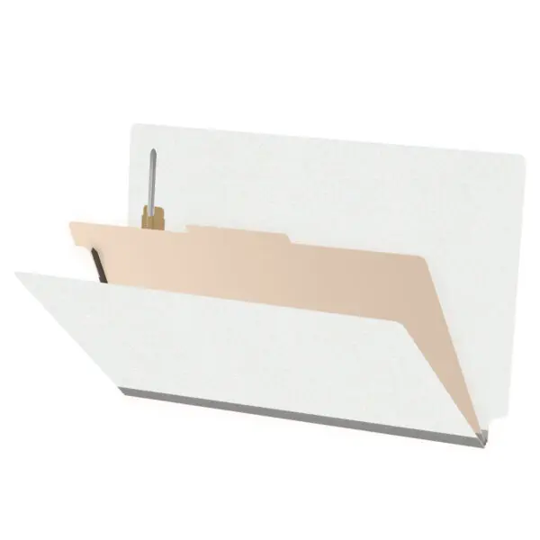 White legal size end tab classification folder with 2" gray tyvek expansion, with 2" bonded fasteners on inside front and inside back and 1" duo fastener on divider, 18 pt paper stock and 18 pt manila divider, Packaged 10/50
