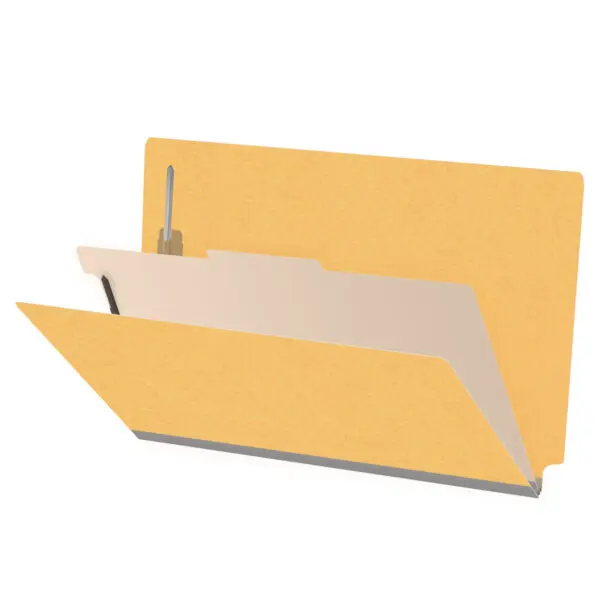 Yellow legal size end tab classification folder with 2" gray tyvek expansion, with 2" bonded fasteners on inside front and inside back and 1" duo fastener on divider, 18 pt paper stock and 18 pt manila divider, Packaged 10/50