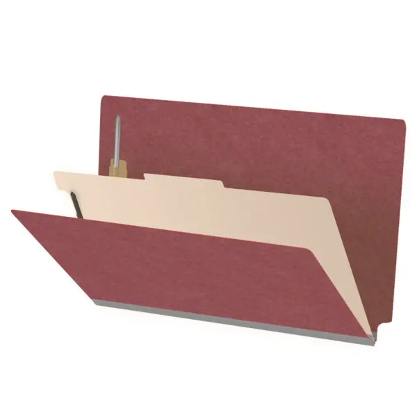 Dark red legal size end tab one divider classification folder with 2" russet brown tyvek expansion, with 2" bonded fasteners on inside front and inside back and 1" duo fastener on divider, 25 pt type 3 pressboard stock covers and 18 pt manila divider, Packaged 10/50