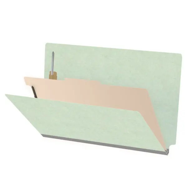 Pale green legal size end tab one divider classification folder with 2" gray tyvek expansion, with 2" bonded fasteners on inside front and inside back and 1" duo fastener on divider, 25 pt type 3 pressboard stock covers and 18 pt manila divider, Packaged 10/50