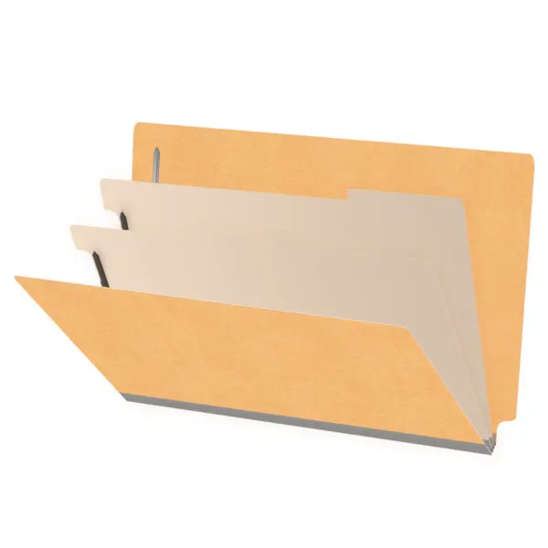Gold legal size end tab classification folder with 2" gray tyvek expansion, with 2" bonded fasteners on inside front and inside back and 1" duo fastener on dividers, 18 pt paper stock and 18 pt manila dividers, Packaged 10/50