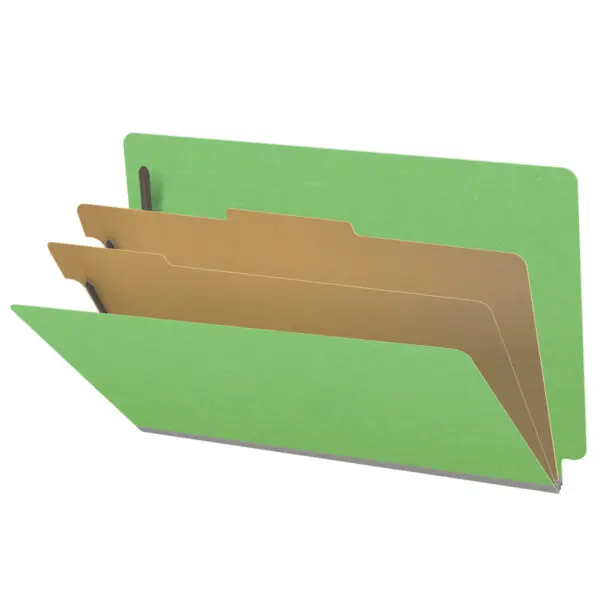 Green legal size end tab classification folder with 2" gray tyvek expansion, with 2" bonded fasteners on inside front and inside back and 1" duo fastener on dividers, 18 pt paper stock and 18 pt manila dividers, Packaged 10/50