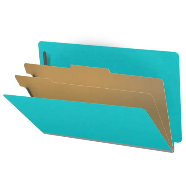 Light blue legal size end tab classification folder with 2" gray tyvek expansion, with 2" bonded fasteners on inside front and inside back and 1" duo fastener on dividers, 18 pt paper stock and 18 pt manila dividers, Packaged 10/50
