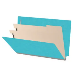 Light blue legal size end tab classification folder with 2" gray tyvek expansion, with 2" bonded fasteners on inside front and inside back and 1" duo fastener on dividers, 18 pt paper stock and 18 pt manila dividers, Packaged 10/50