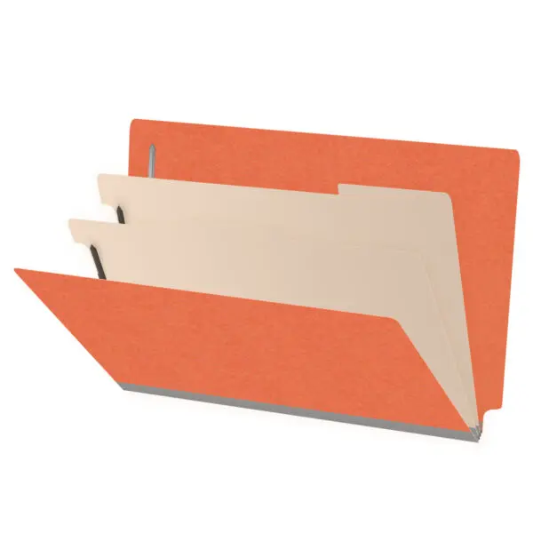 Orange legal size end tab classification folder with 2" gray tyvek expansion, with 2" bonded fasteners on inside front and inside back and 1" duo fastener on dividers, 18 pt paper stock and 18 pt manila dividers, Packaged 10/50