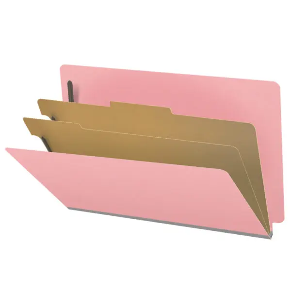 Pink legal size end tab classification folder with 2" gray tyvek expansion, with 2" bonded fasteners on inside front and inside back and 1" duo fastener on dividers, 18 pt paper stock and 18 pt manila dividers, Packaged 10/50
