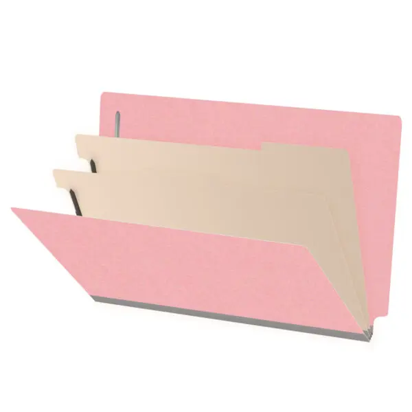 Pink legal size end tab classification folder with 2" gray tyvek expansion, with 2" bonded fasteners on inside front and inside back and 1" duo fastener on dividers, 18 pt paper stock and 18 pt manila dividers, Packaged 10/50