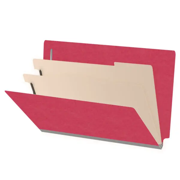 Red legal size end tab classification folder with 2" gray tyvek expansion, with 2" bonded fasteners on inside front and inside back and 1" duo fastener on dividers, 18 pt paper stock and 18 pt manila dividers, Packaged 10/50