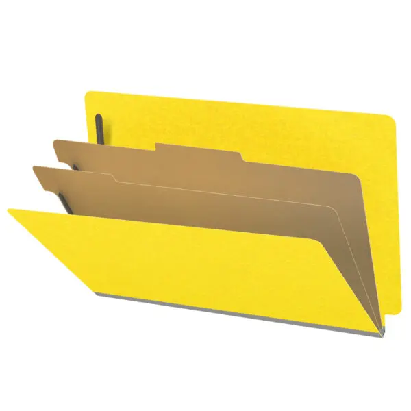 Yellow legal size end tab classification folder with 2" gray tyvek expansion, with 2" bonded fasteners on inside front and inside back and 1" duo fastener on dividers, 18 pt paper stock and 18 pt manila dividers, Packaged 10/50