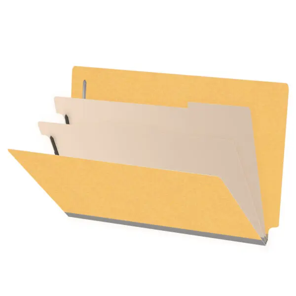 Yellow legal size end tab classification folder with 2" gray tyvek expansion, with 2" bonded fasteners on inside front and inside back and 1" duo fastener on dividers, 18 pt paper stock and 18 pt manila dividers, Packaged 10/50