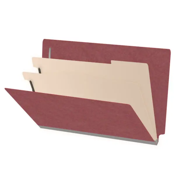 Dark red legal size end tab two divider classification folder with 2" russet brown tyvek expansion, with 2" bonded fasteners on inside front and inside back and 1" duo fastener on dividers, 25 pt type 3 pressboard stock covers and 18 pt manila dividers, Packaged 10/50