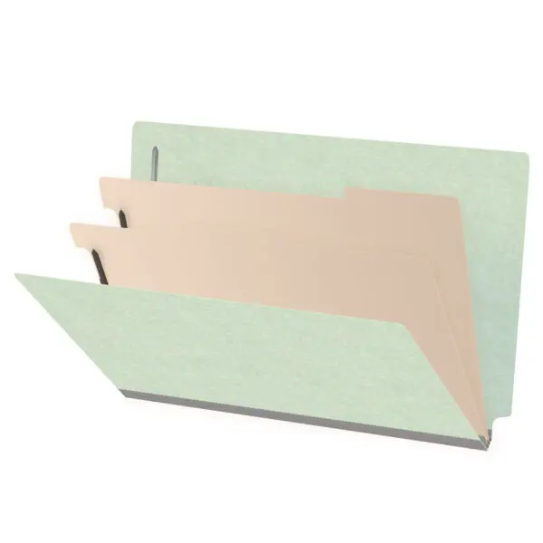 Pale green legal size end tab two divider classification folder with 2" gray tyvek expansion, with 2" bonded fasteners on inside front and inside back and 1" duo fastener on dividers, 25 pt type 3 pressboard stock covers and 18 pt manila dividers, Packaged 10/50