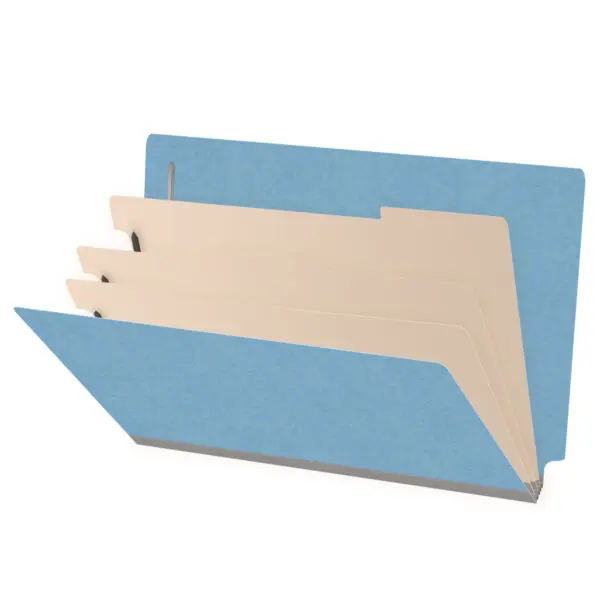 Blue legal size end tab classification folder with 3" gray tyvek expansion, with 2" bonded fasteners on inside front and inside back and 1" duo fastener on dividers, 18 pt paper stock and 18 pt manila dividers, Packaged 10/50