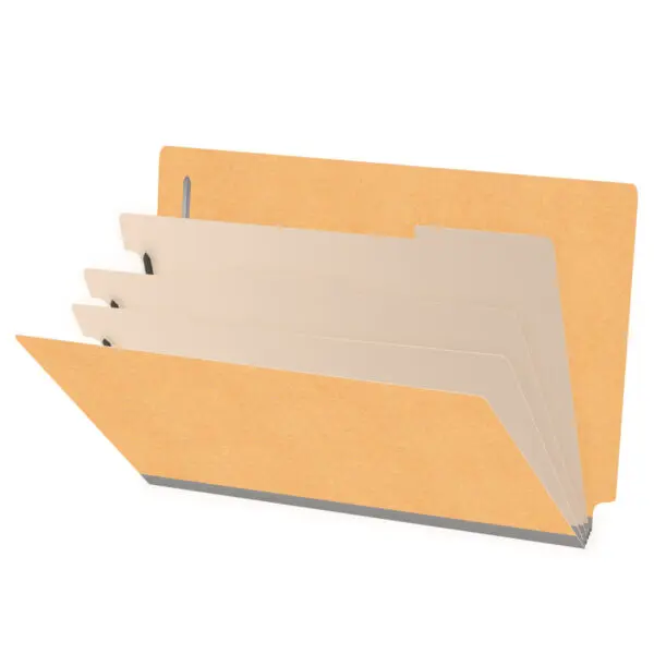 Gold legal size end tab classification folder with 3" gray tyvek expansion, with 2" bonded fasteners on inside front and inside back and 1" duo fastener on dividers, 18 pt paper stock and 18 pt manila dividers, Packaged 10/50