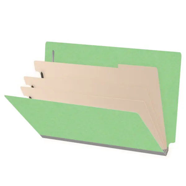 Green legal size end tab classification folder with 3" gray tyvek expansion, with 2" bonded fasteners on inside front and inside back and 1" duo fastener on dividers, 18 pt paper stock and 18 pt manila dividers, Packaged 10/50